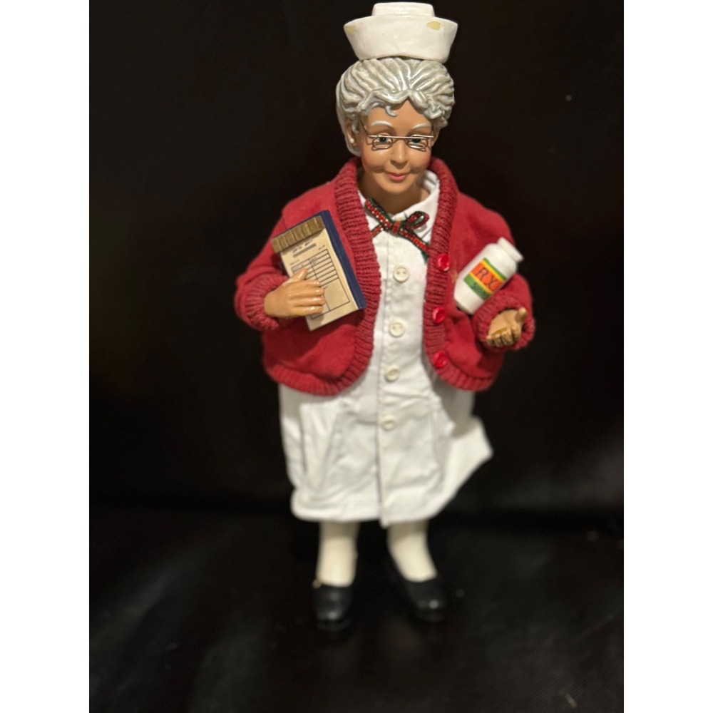 Vintage Nurse Figurine Clotihque Red Cardigan RX Bottle Medical Decor